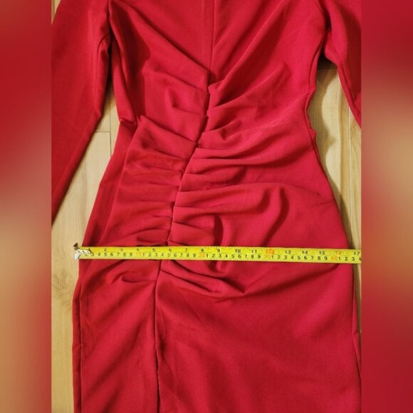 Zara XS Red Midi Dress, Round Neck, Long sleeve, Slit ans Drape in Front, Zip-up - Picture 10 of 16